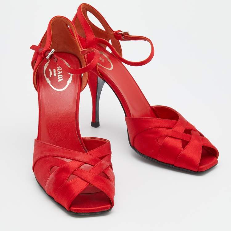 Pre Owned Prada Red Satin Ankle Strap Sandals Size 37
