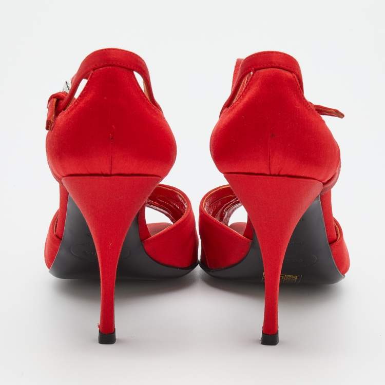 Pre Owned Prada Red Satin Ankle Strap Sandals Size 37