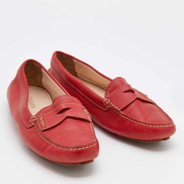 Pre Owned Prada Red Leather Penny Slip On Loafers Size 40