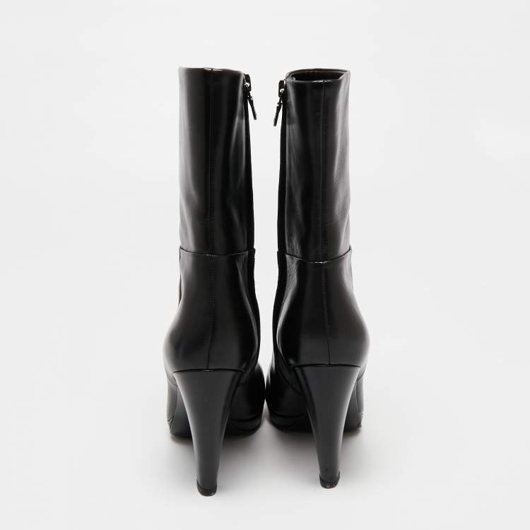 Pre Owned Prada Black Leather Platform Ankle Boots Size 35.5