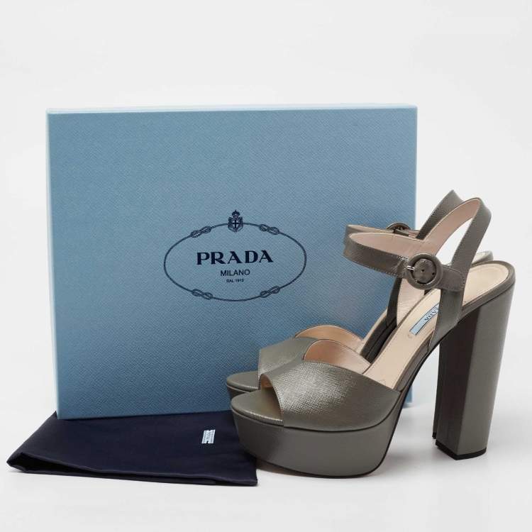 Pre Owned Prada Dark Grey Saffiano Patent Leather Platform Ankle Strap Sandals Size 38.5