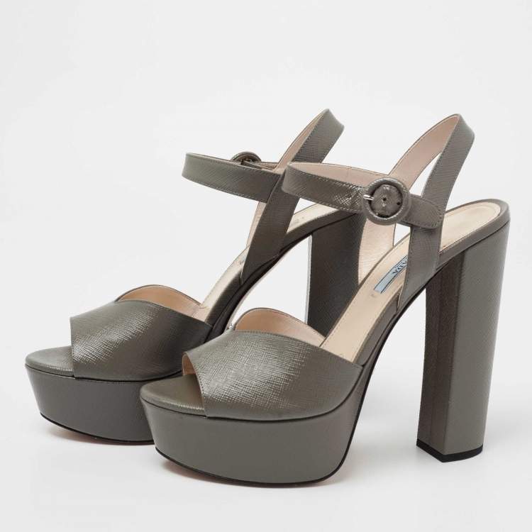 Pre Owned Prada Dark Grey Saffiano Patent Leather Platform Ankle Strap Sandals Size 38.5