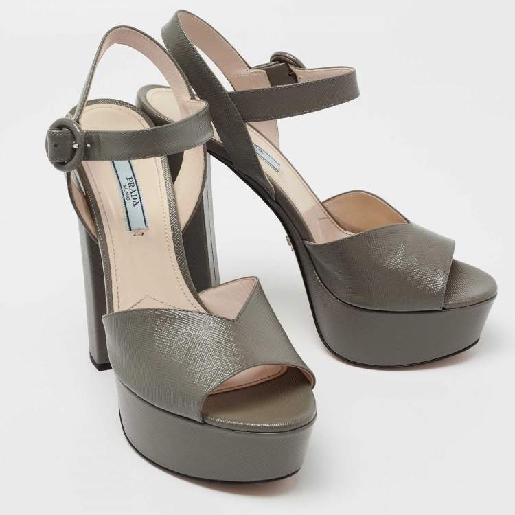 Pre Owned Prada Dark Grey Saffiano Patent Leather Platform Ankle Strap Sandals Size 38.5