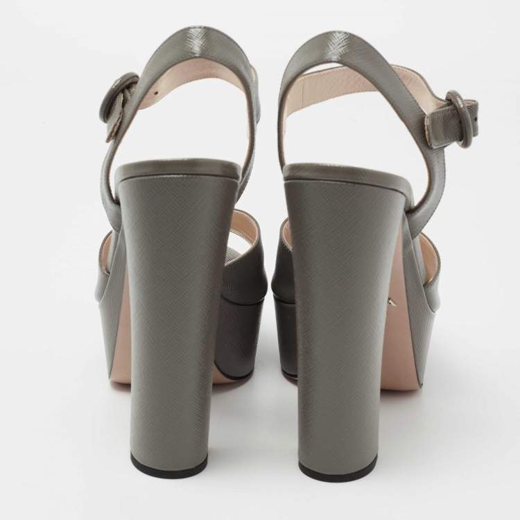 Pre Owned Prada Dark Grey Saffiano Patent Leather Platform Ankle Strap Sandals Size 38.5