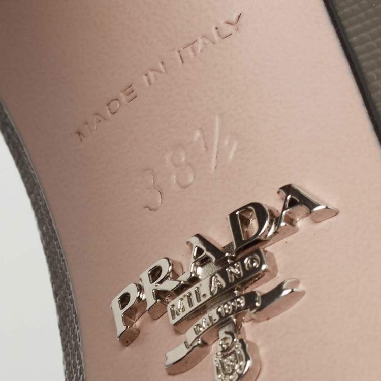 Pre Owned Prada Dark Grey Saffiano Patent Leather Platform Ankle Strap Sandals Size 38.5