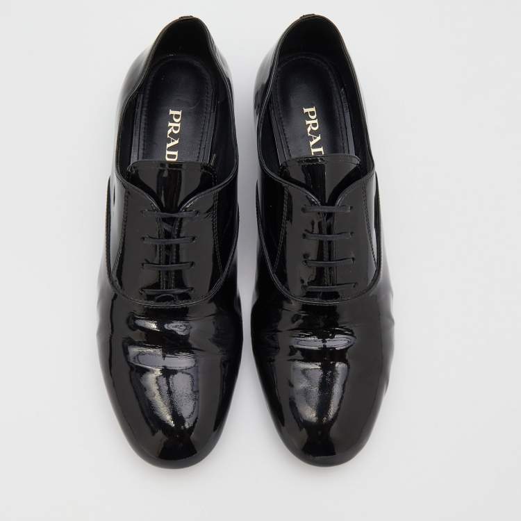 Pre Owned Prada Black Patent Leather Lace Up Oxfords Size 39.5