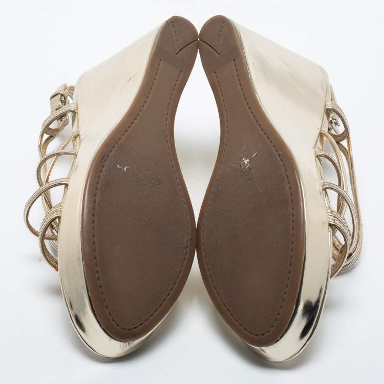 Pre Owned Prada Gold Leather Ankle-Strap Wedge Sandals Size 41