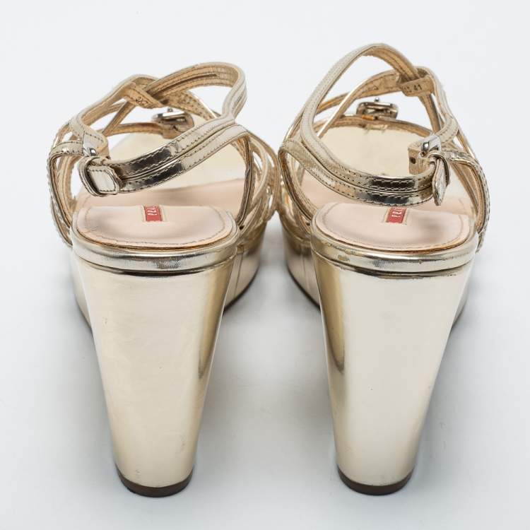 Pre Owned Prada Gold Leather Ankle-Strap Wedge Sandals Size 41