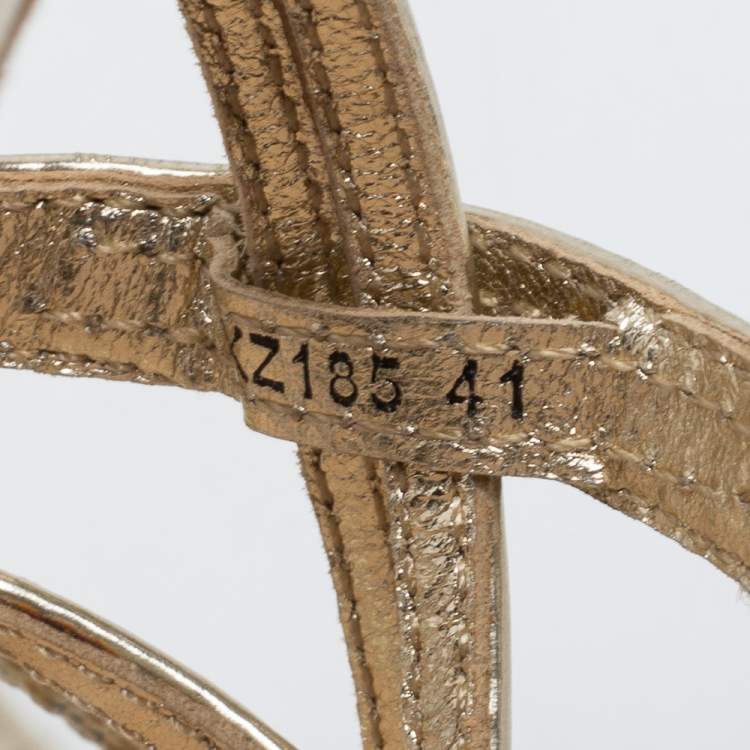 Pre Owned Prada Gold Leather Ankle-Strap Wedge Sandals Size 41