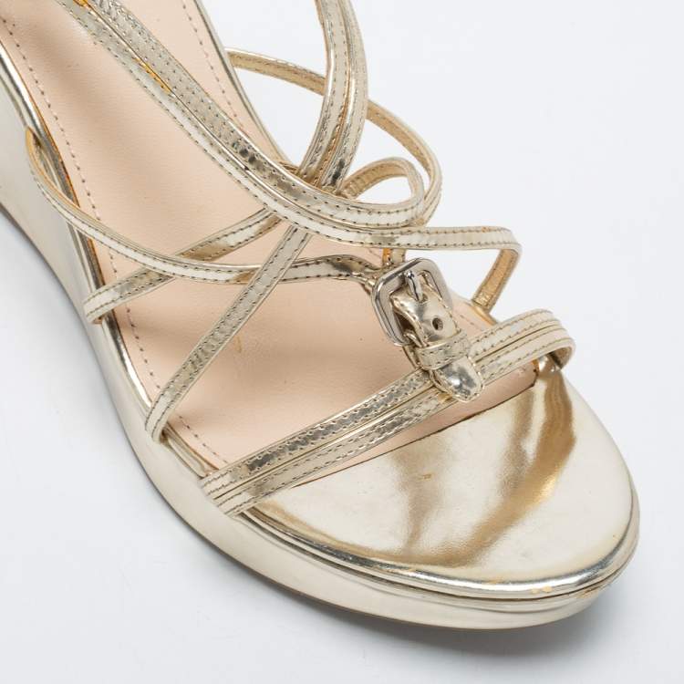 Pre Owned Prada Gold Leather Ankle-Strap Wedge Sandals Size 41