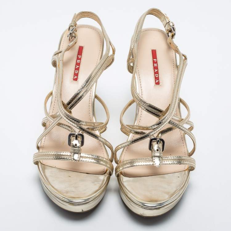 Pre Owned Prada Gold Leather Ankle-Strap Wedge Sandals Size 41