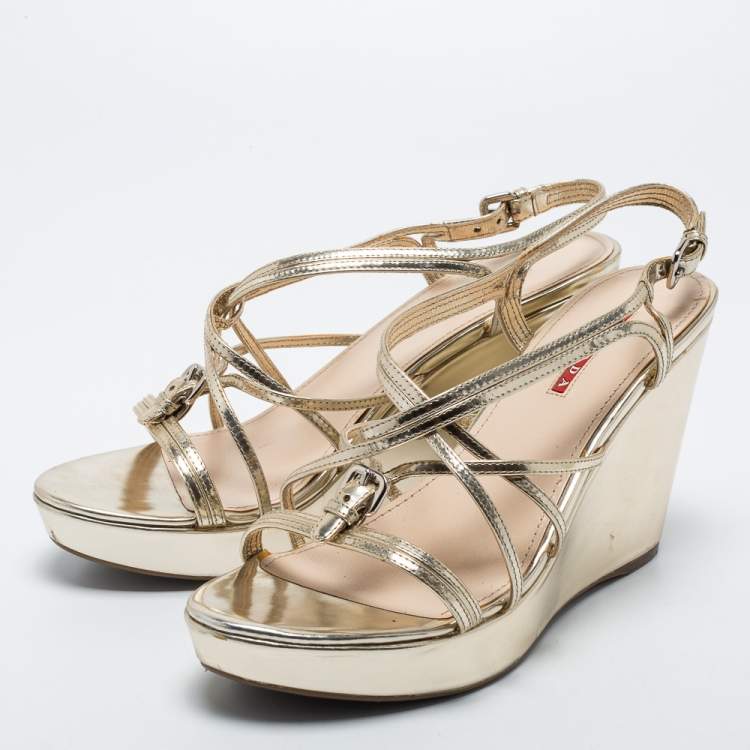Pre Owned Prada Gold Leather Ankle-Strap Wedge Sandals Size 41