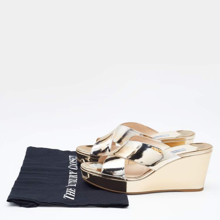 Pre Owned Prada Gold Patent Leather Criss Cross Wedge Platform Slide Sandals Size 38