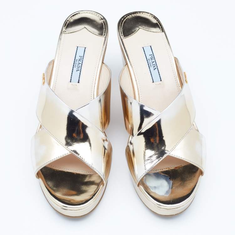 Pre Owned Prada Gold Patent Leather Criss Cross Wedge Platform Slide Sandals Size 38
