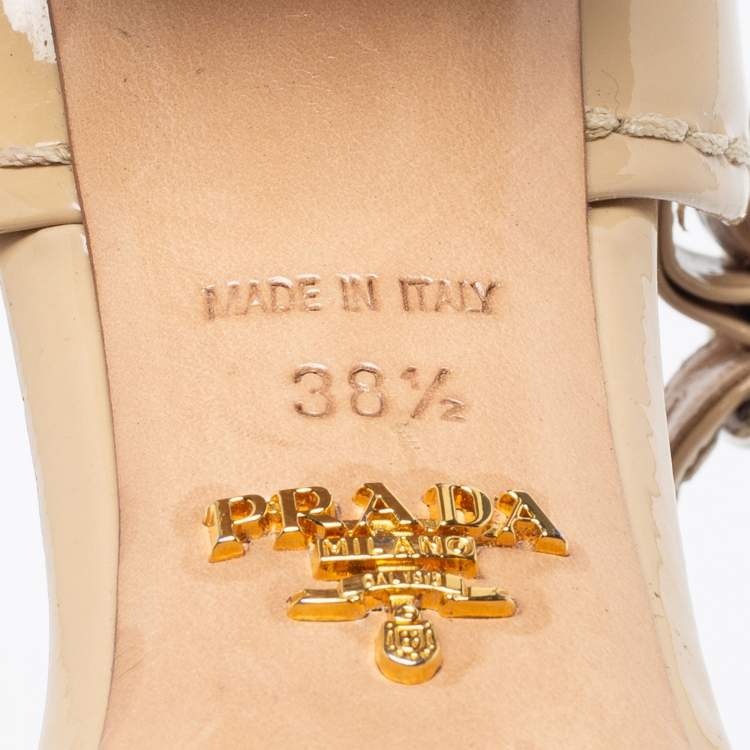 Pre Owned Prada Beige Patent Leather Ankle Strap  Pumps Size 38.5