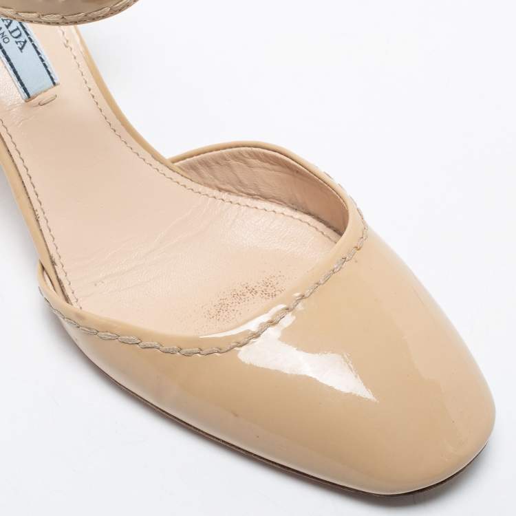 Pre Owned Prada Beige Patent Leather Ankle Strap  Pumps Size 38.5