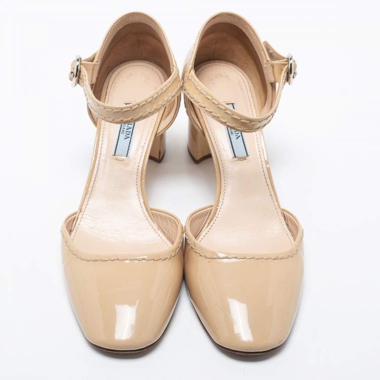 Pre Owned Prada Beige Patent Leather Ankle Strap  Pumps Size 38.5