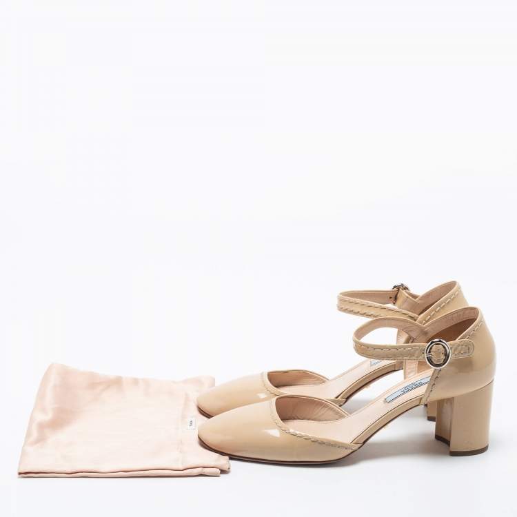 Pre Owned Prada Beige Patent Leather Ankle Strap  Pumps Size 38.5