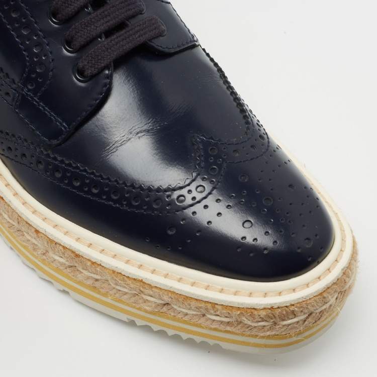 Pre Owned Prada Blue Leather Brogue Espadrille Platform Sneakers Size 34.5