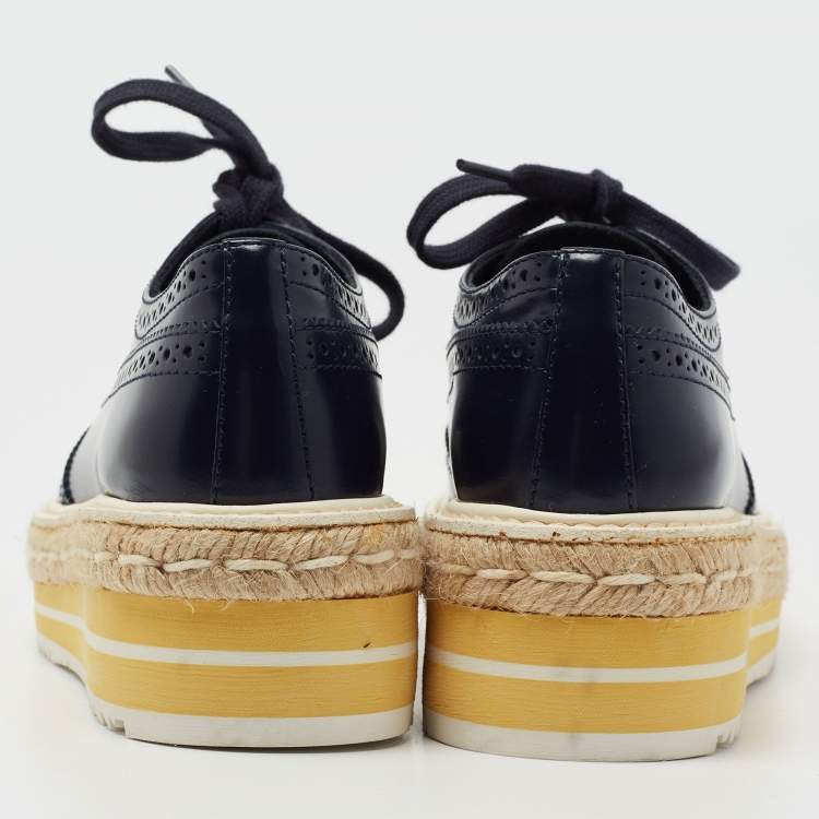 Pre Owned Prada Blue Leather Brogue Espadrille Platform Sneakers Size 34.5