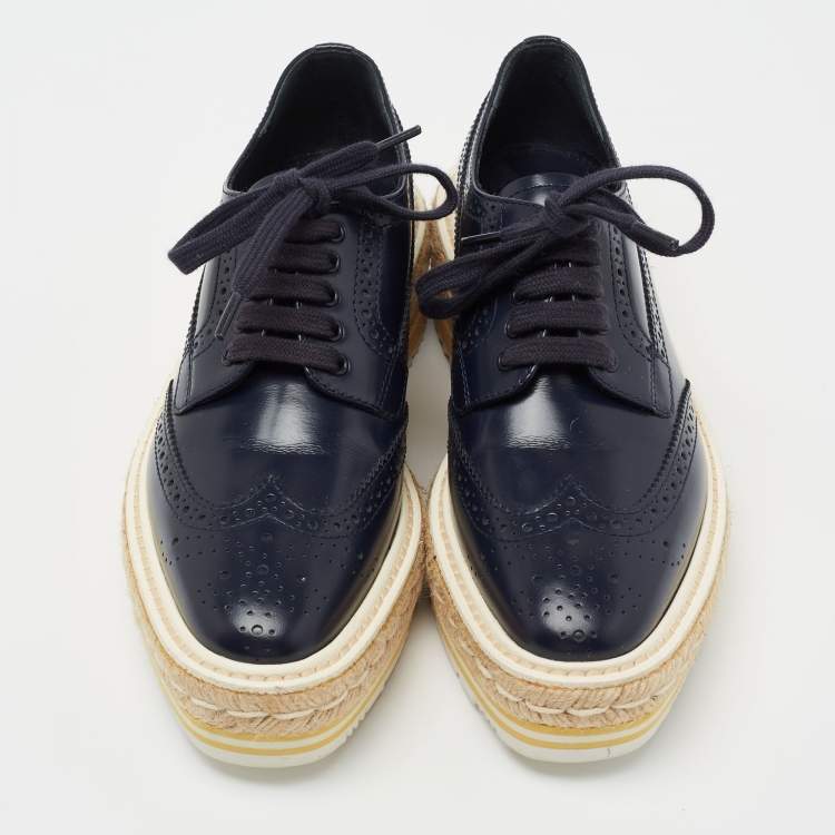 Pre Owned Prada Blue Leather Brogue Espadrille Platform Sneakers Size 34.5