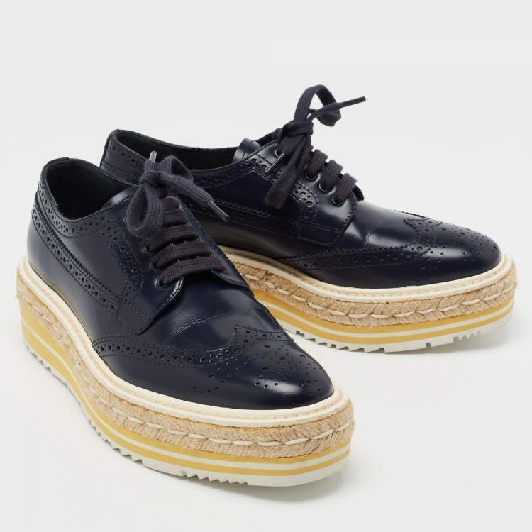 Pre Owned Prada Blue Leather Brogue Espadrille Platform Sneakers Size 34.5
