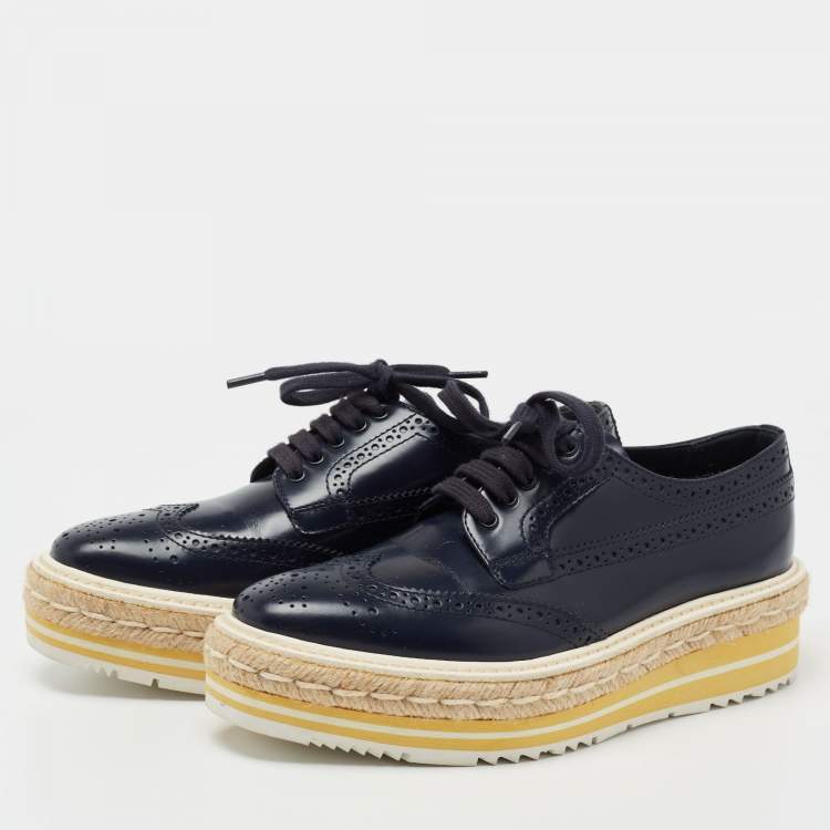 Pre Owned Prada Blue Leather Brogue Espadrille Platform Sneakers Size 34.5