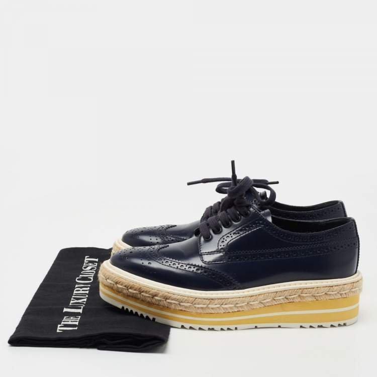 Pre Owned Prada Blue Leather Brogue Espadrille Platform Sneakers Size 34.5