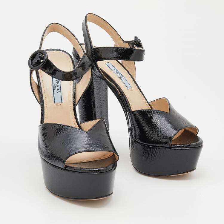 Pre Owned Prada Black Saffiano Patent Leather Platform Ankle Strap Sandals Size 36