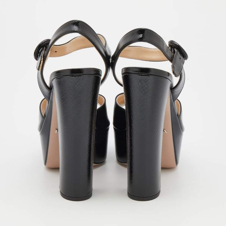 Pre Owned Prada Black Saffiano Patent Leather Platform Ankle Strap Sandals Size 36
