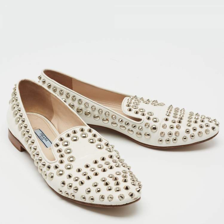 Pre Owned Prada White Leather Studded Smoking Slippers Size 37