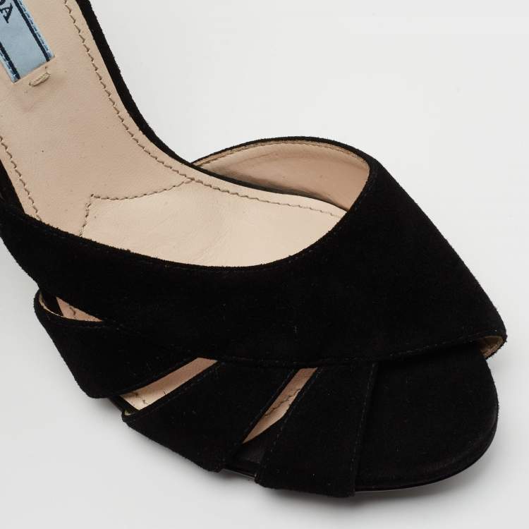 Pre Owned Prada Black Suede Crystal Embellished Heel Ankle Strap Sandals Size 39