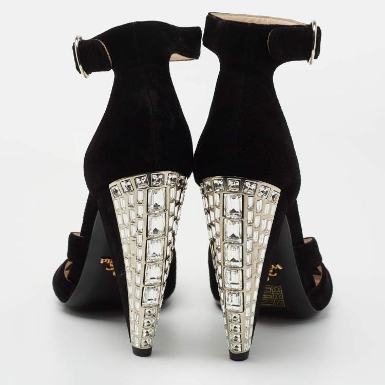 Pre Owned Prada Black Suede Crystal Embellished Heel Ankle Strap Sandals Size 39