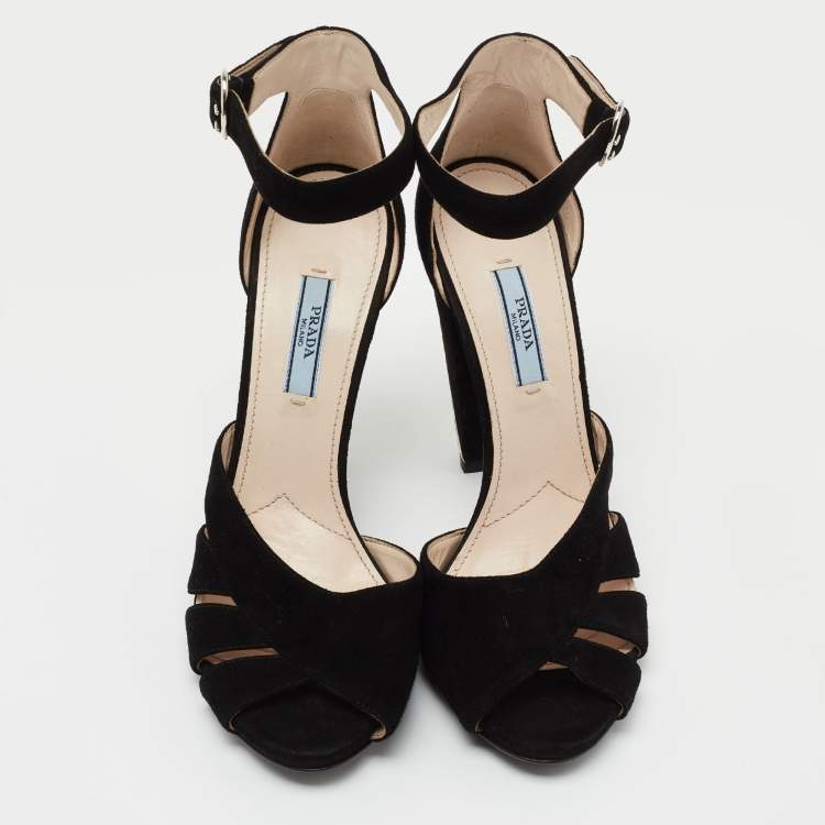 Pre Owned Prada Black Suede Crystal Embellished Heel Ankle Strap Sandals Size 39