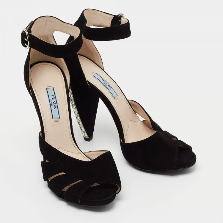 Pre Owned Prada Black Suede Crystal Embellished Heel Ankle Strap Sandals Size 39