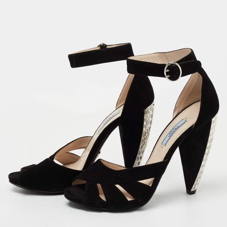 Pre Owned Prada Black Suede Crystal Embellished Heel Ankle Strap Sandals Size 39