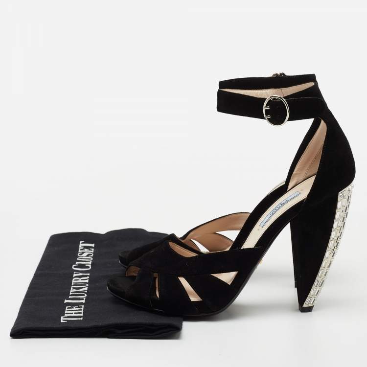 Pre Owned Prada Black Suede Crystal Embellished Heel Ankle Strap Sandals Size 39