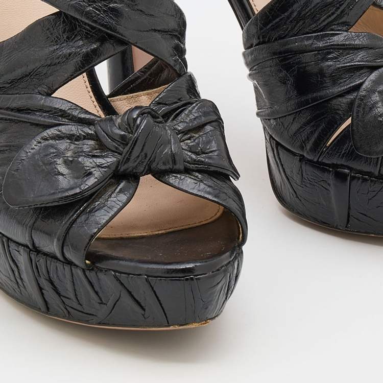 Pre Owned Prada Black Distressed Wrinkled Leather Ankle Strap Platform Sandals Size 38