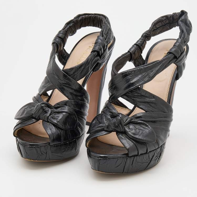 Pre Owned Prada Black Distressed Wrinkled Leather Ankle Strap Platform Sandals Size 38