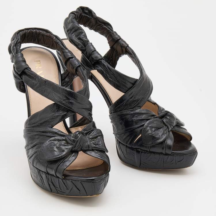 Pre Owned Prada Black Distressed Wrinkled Leather Ankle Strap Platform Sandals Size 38