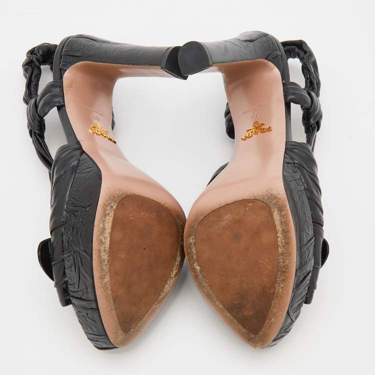 Pre Owned Prada Black Distressed Wrinkled Leather Ankle Strap Platform Sandals Size 38