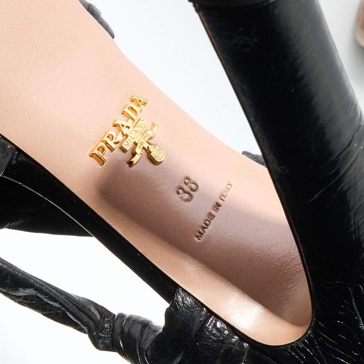 Pre Owned Prada Black Distressed Wrinkled Leather Ankle Strap Platform Sandals Size 38