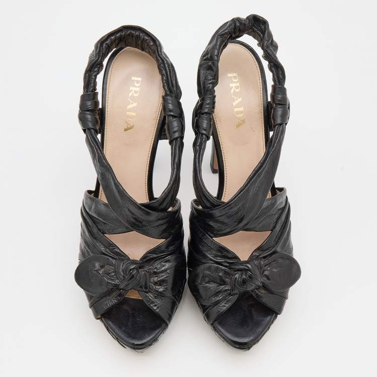 Pre Owned Prada Black Distressed Wrinkled Leather Ankle Strap Platform Sandals Size 38