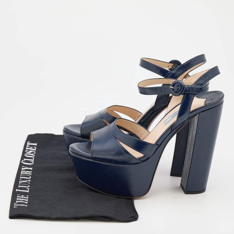 Pre Owned Prada Navy Blue Patent Leather Ankle Strap Platform Sandals Size 37.5