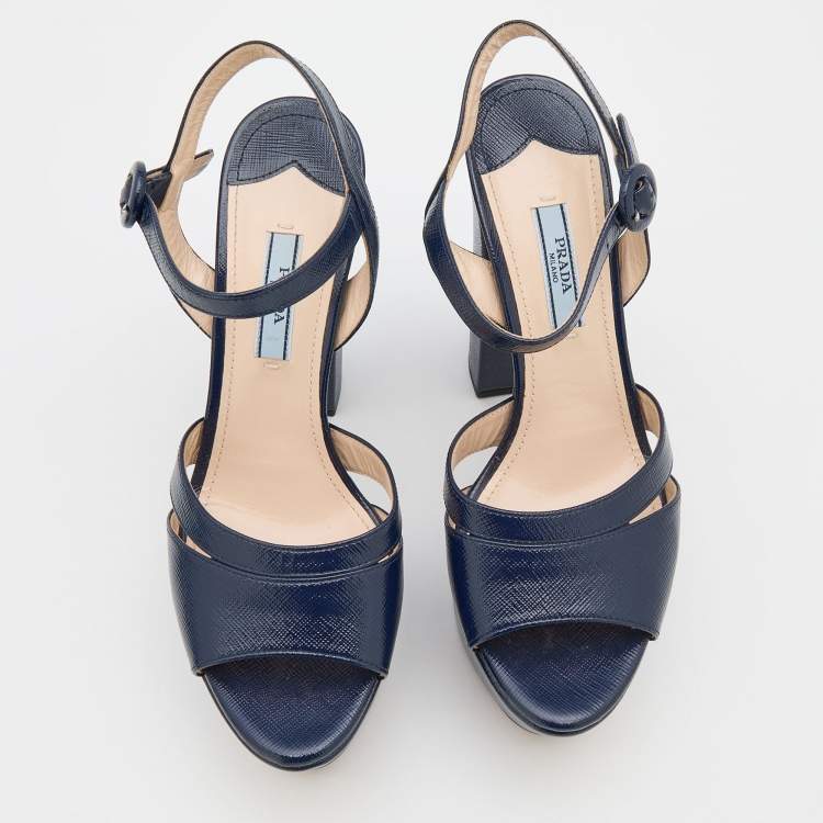 Pre Owned Prada Navy Blue Patent Leather Ankle Strap Platform Sandals Size 37.5