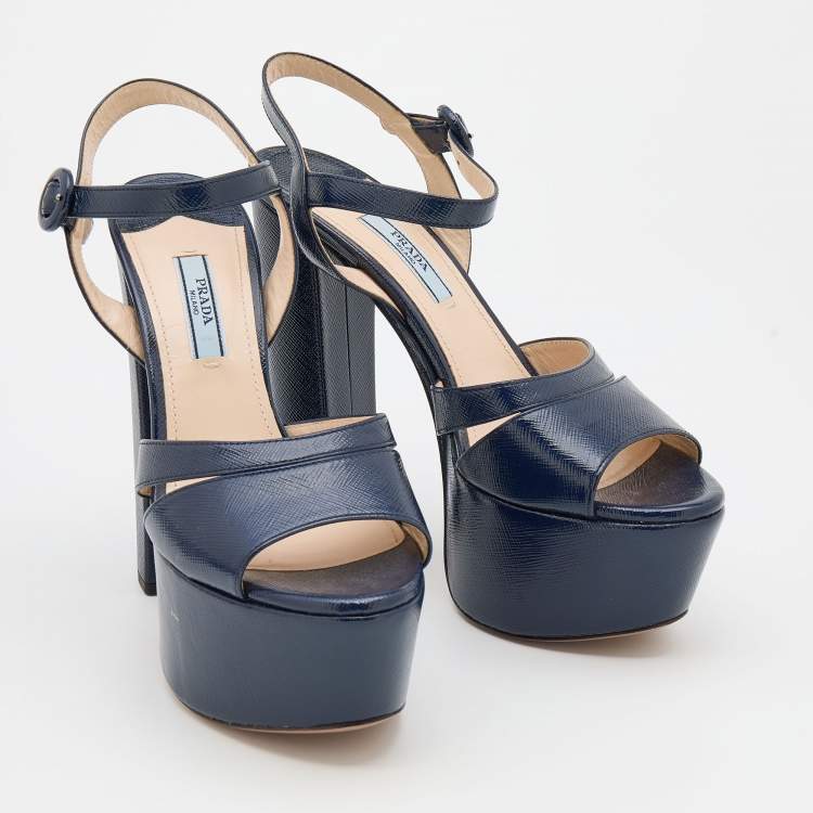 Pre Owned Prada Navy Blue Patent Leather Ankle Strap Platform Sandals Size 37.5