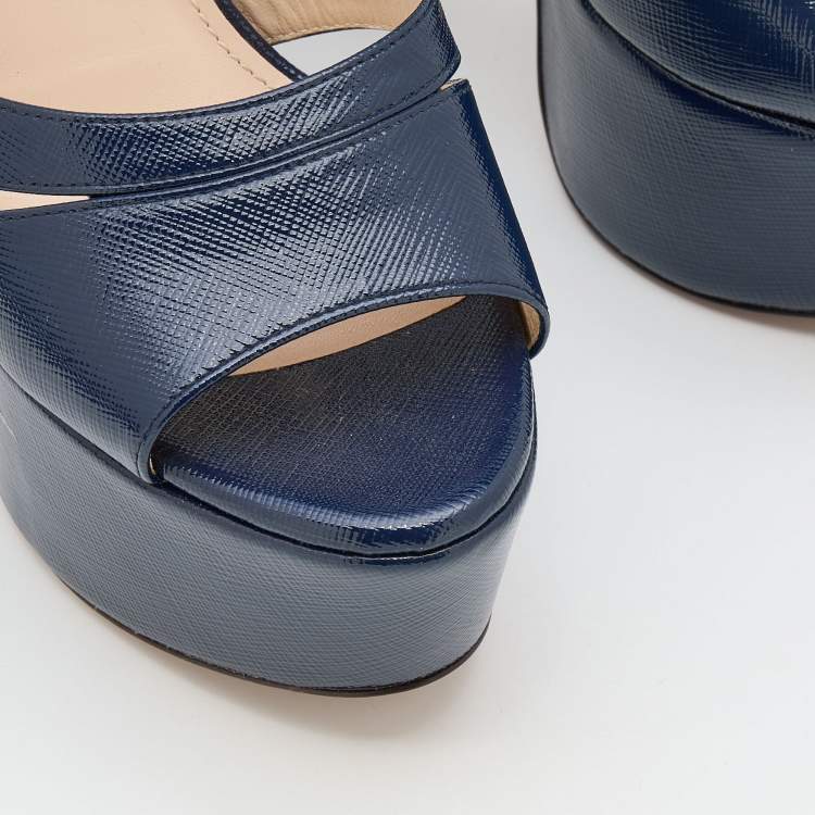 Pre Owned Prada Navy Blue Patent Leather Ankle Strap Platform Sandals Size 37.5