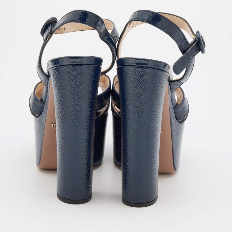 Pre Owned Prada Navy Blue Patent Leather Ankle Strap Platform Sandals Size 37.5