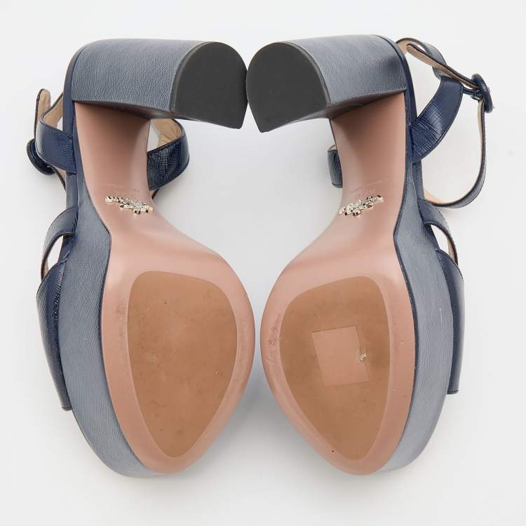 Pre Owned Prada Navy Blue Patent Leather Ankle Strap Platform Sandals Size 37.5