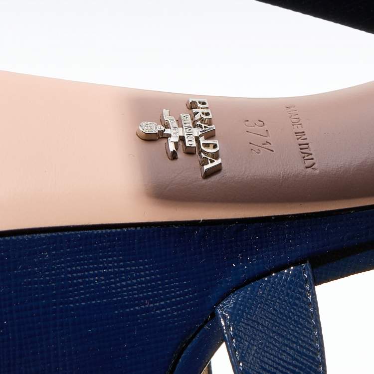 Pre Owned Prada Navy Blue Patent Leather Ankle Strap Platform Sandals Size 37.5